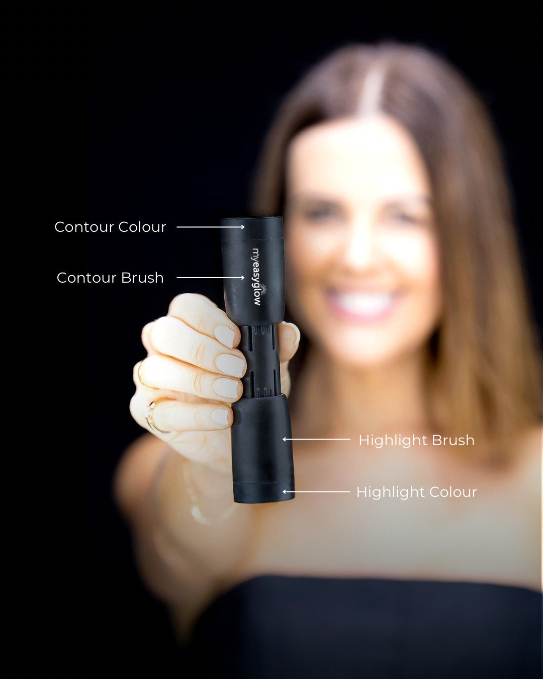 4in1 EasyGlow Contour and highlight with brush unit being held up 